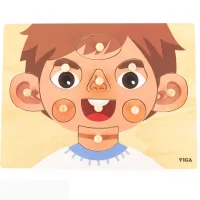 Puzzle din lemn cu buton "Băiețel - învățăm părțile feței", 10 elem.