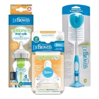 Set Dr. Brown's biberon din sticla 270 ml + tetine nivel 2, 2 buc. + perie pentru biberon foto