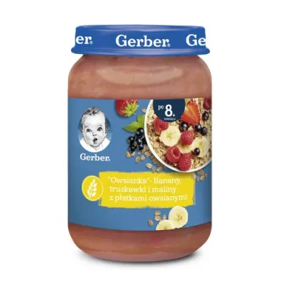 gerber piure din baban, căpșuna, zmeură și fulgi de ovăz (8 luni+) 190 gr.