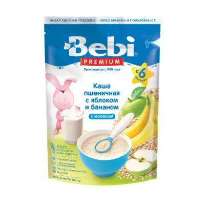 bebi premium terci de grau cu lapte, mere si banane (6 m+) 200 gr.