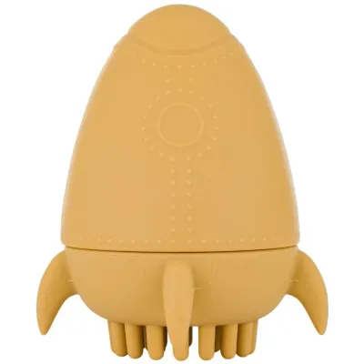 Perie si jucarie de baie din silicon Petite&Mars Splashy Rocket Intense Ochre (6+ luni)