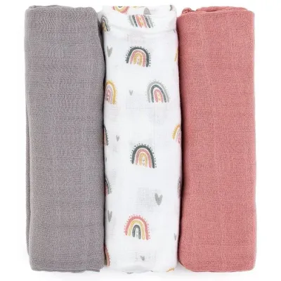 Set 3 pelinci de muselina din bambus Petite&Mars Moussy Rose Rainbows, 68x68 cm foto