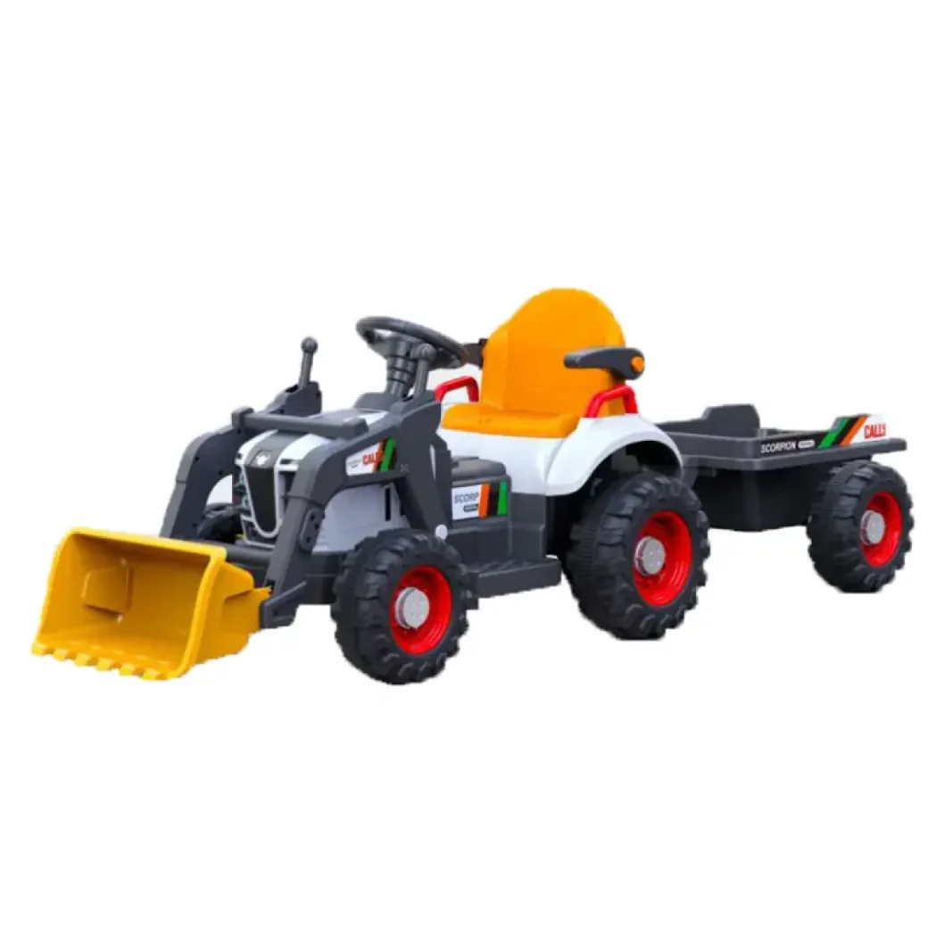 Tractor electric pentru copii cu remorcă și cupă frontală Digger Scorpion Yellow 12V, telecomandă 2.4G, 2 motoare, lumini LED
