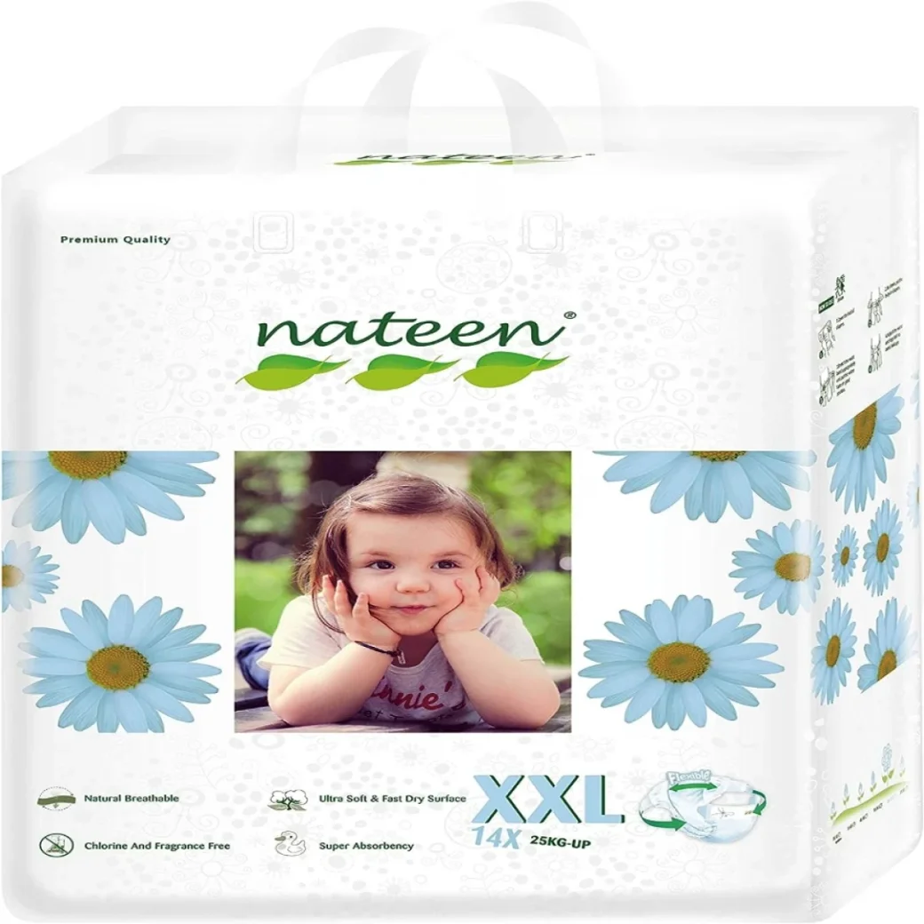 Подгузники для малышей Bebeluși Nateen Premium Eco-Friendly размер 6 (свыше 25 кг), XXL защита, гипоаллергенные, 14 шт.