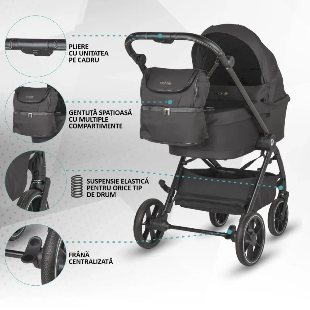 Коляска модульная 3в1 Coccolle Serry Jet black + автокресло iSize Coccolle Knox Greystone