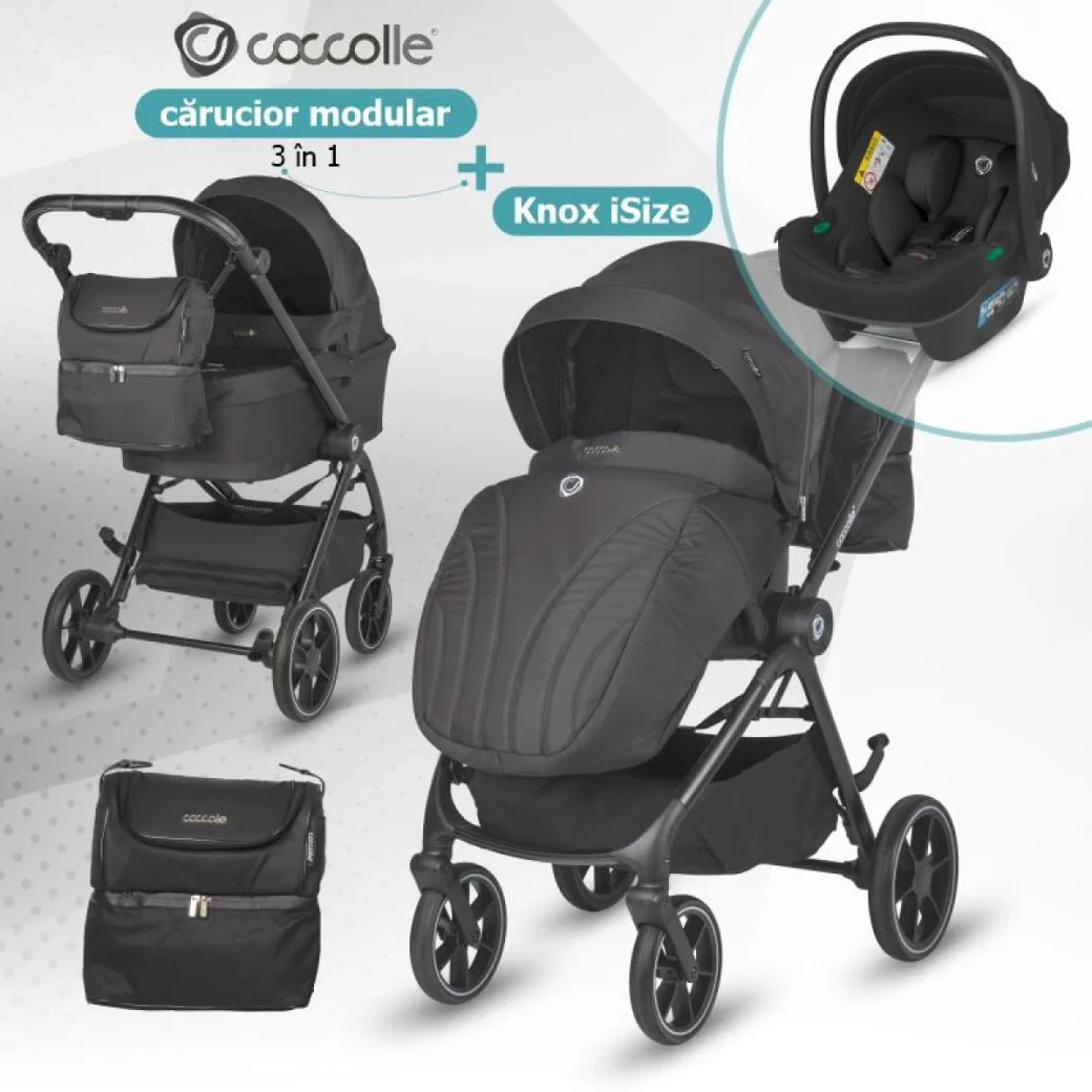 Коляска модульная 3в1 Coccolle Serry Jet black + автокресло iSize Coccolle Knox Greystone
