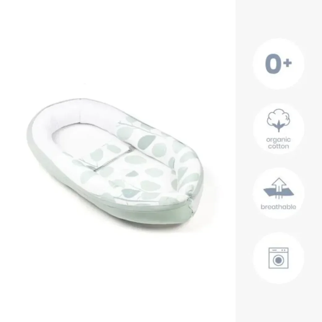 Babynest din bumbac organic Doomoo Cocoon Leaves Aqua Green foto