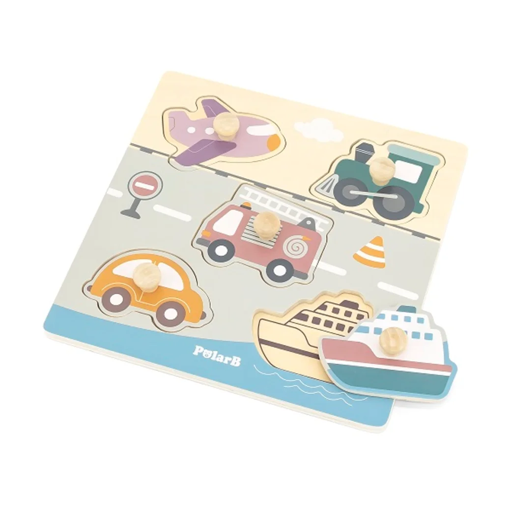 Puzzle din lemn cu buton „Mijloace de transport" 5 elem.