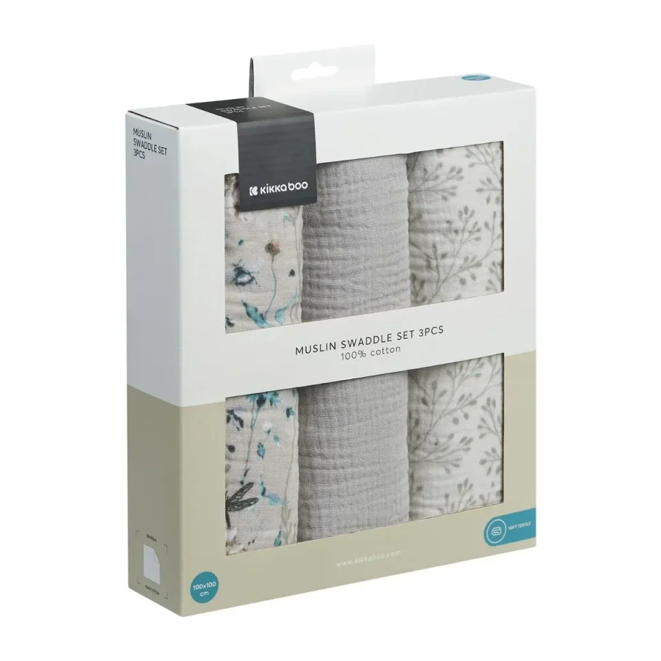 Муслиновые пеленки KikkaBoo Dreamy Fields Grey, 100x100 см, 3 шт. foto