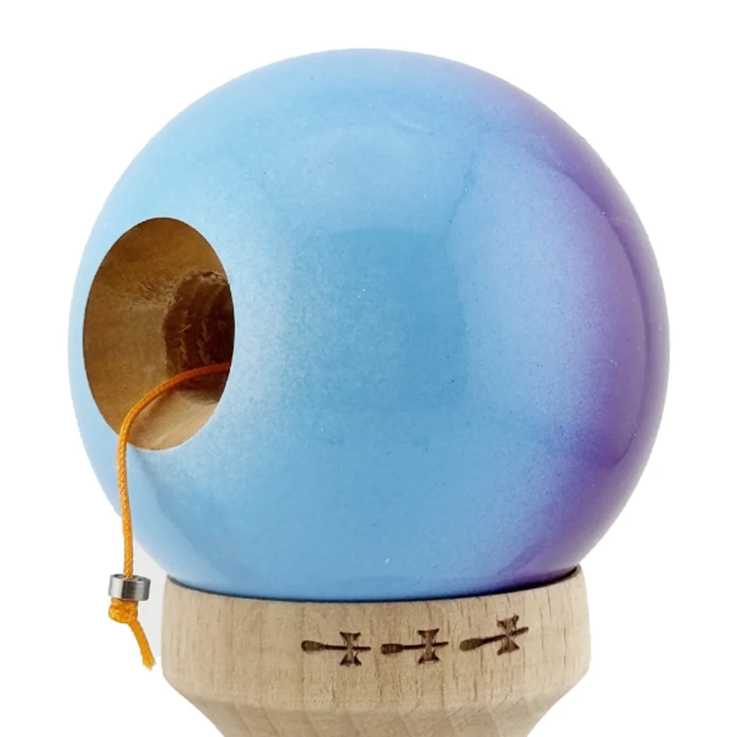 "Kendama X Original", Profesionala, Flippy, Rulment Metalic, Ața 55 cm, Ultra aderent, Cupe Mari, 7 x 6 x 18 cm, gradient albastru-mov