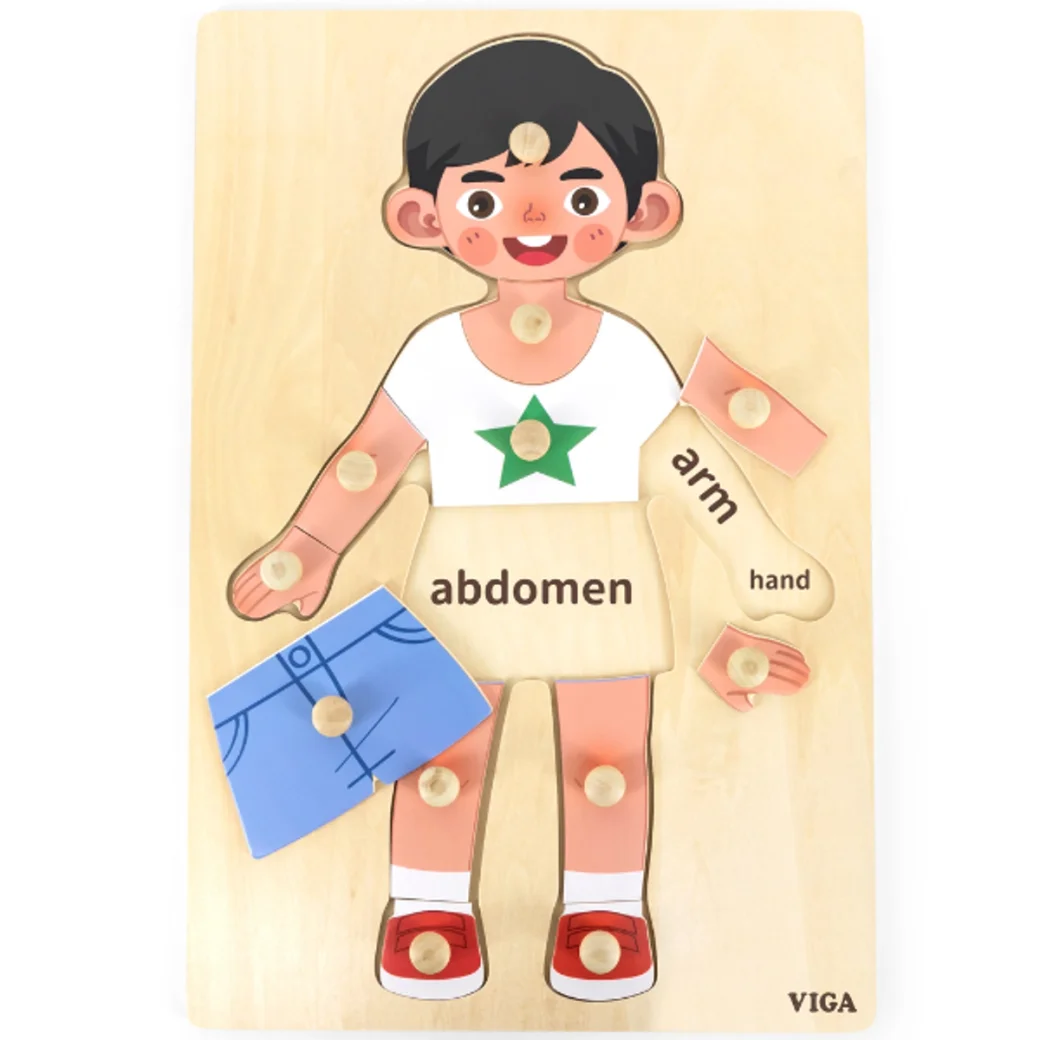 Puzzle din lemn cu buton "Băiețel - Descoperim părțile corpului", 11 elem.