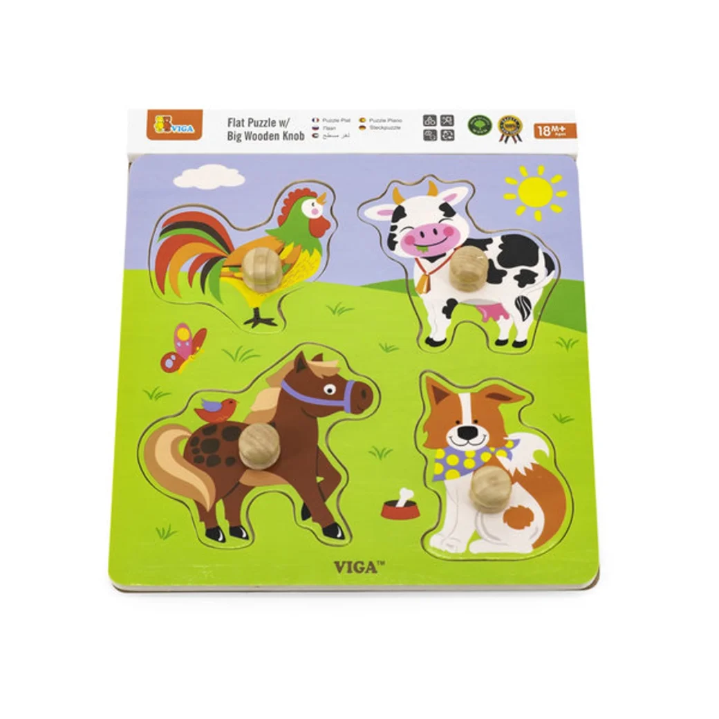 Puzzle din lemn cu buton „Animalele de la fermă"