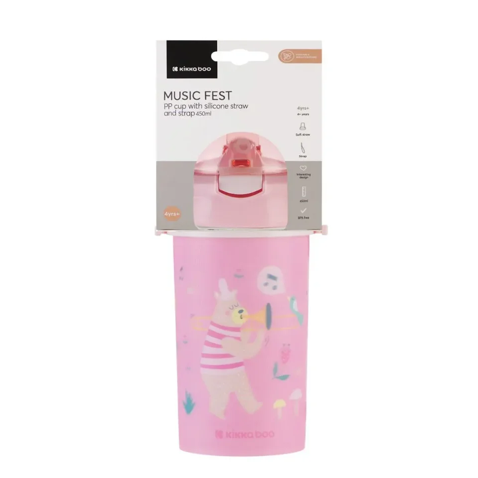 Cana cu pai si curea KikkaBoo Music Fest Pink, 450 ml foto
