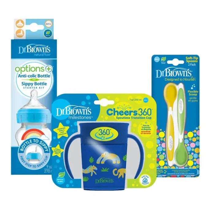 Set biberon+cana+lingurite Dr. Brown's Cheer Jungle Albastru foto