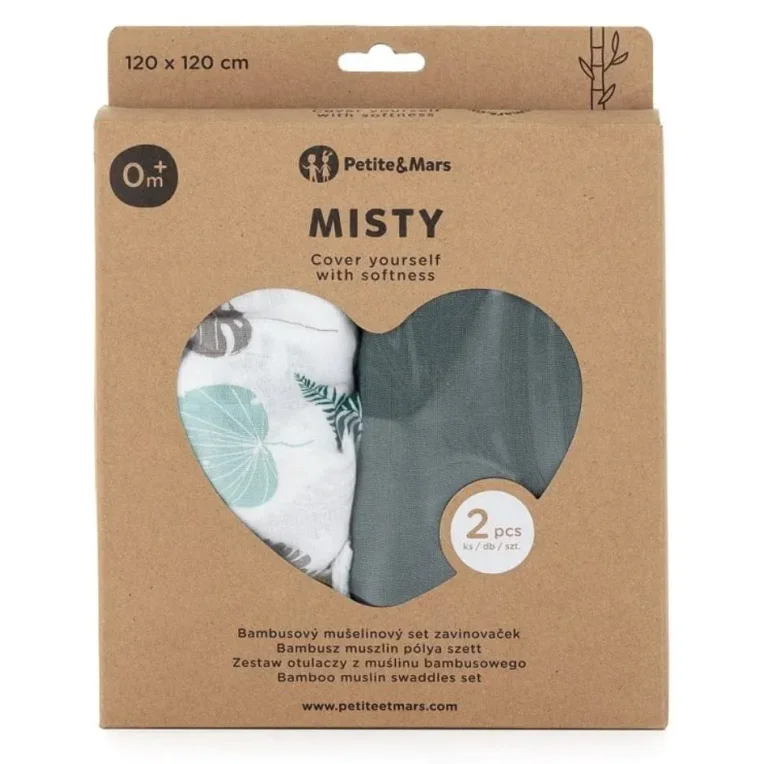 Набор из 2 бамбуковых муслиновых простыней Petite&Mars Misty Green Leaves, 120x120 см foto