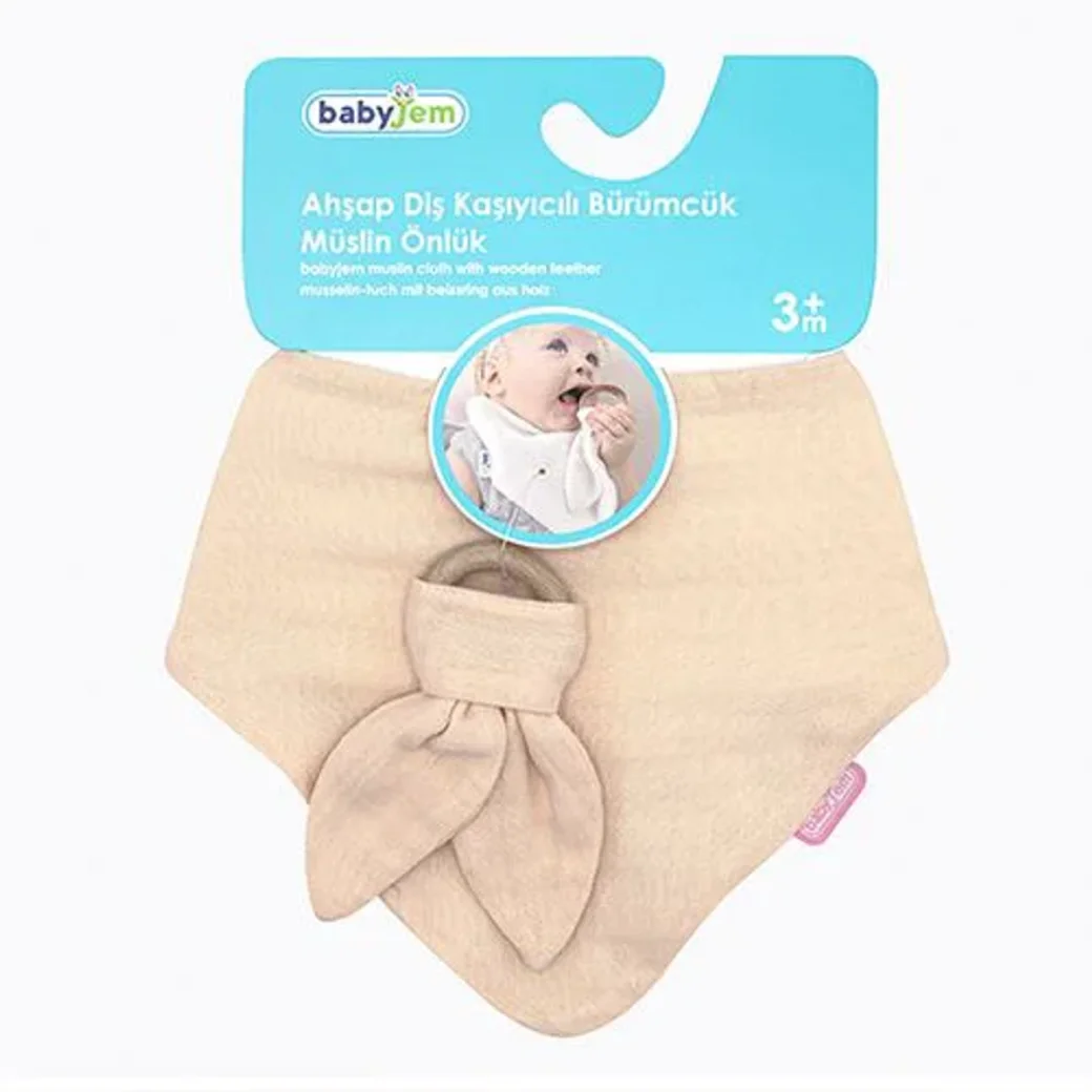 Set baveta cu doua fete din muselina cu jucarie dentitie BabyJem Bej