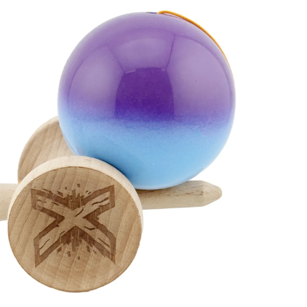 "Kendama X Original", Profesionala, Flippy, Rulment Metalic, Ața 55 cm, Ultra aderent, Cupe Mari, 7 x 6 x 18 cm, gradient albastru-mov