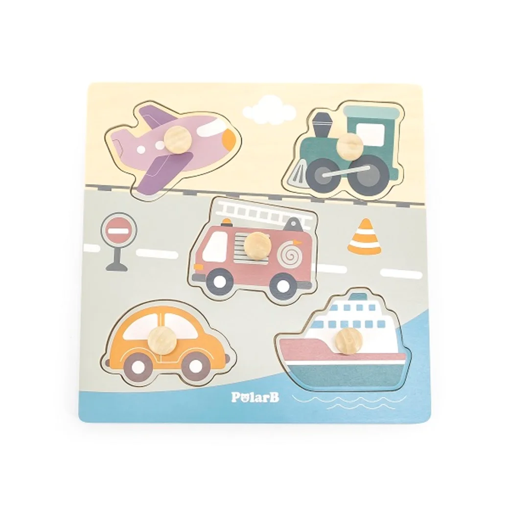 Puzzle din lemn cu buton „Mijloace de transport" 5 elem.
