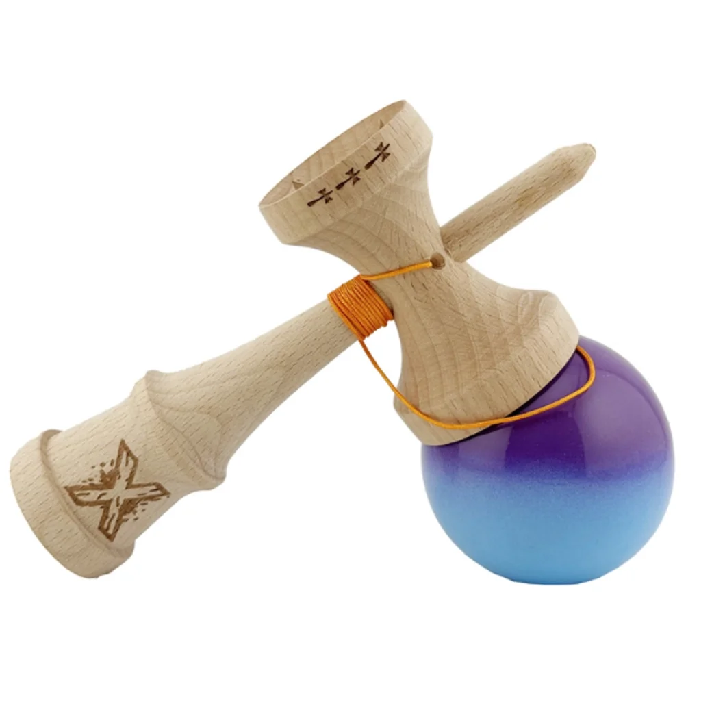 "Kendama X Original", Profesionala, Flippy, Rulment Metalic, Ața 55 cm, Ultra aderent, Cupe Mari, 7 x 6 x 18 cm, gradient albastru-mov