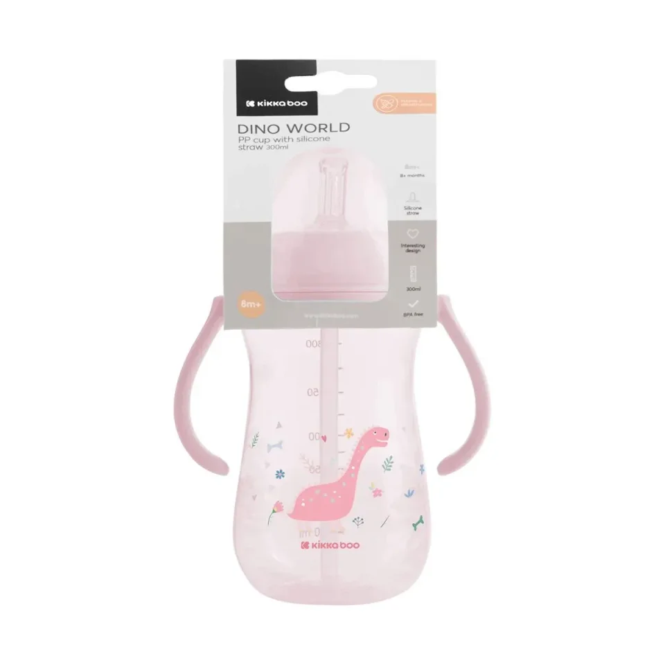 Cana cu pai KikkaBoo Dino World Pink, 300 ml foto
