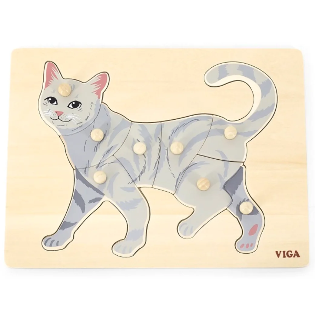Деревянный Montessori пазл с кнопкой “Кошка"