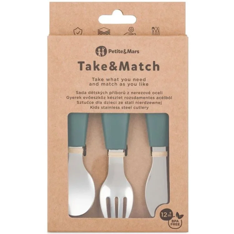 Set tacamuri din otel inoxidabil Petite&Mars Take&Match Misty Green (12+ luni)
