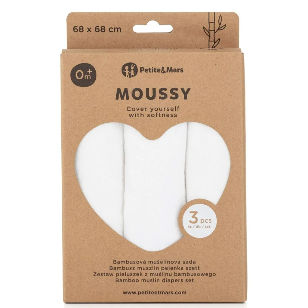 Set 3 pelinci de muselina din bambus Petite&Mars Moussy Total White, 68x68 cm foto