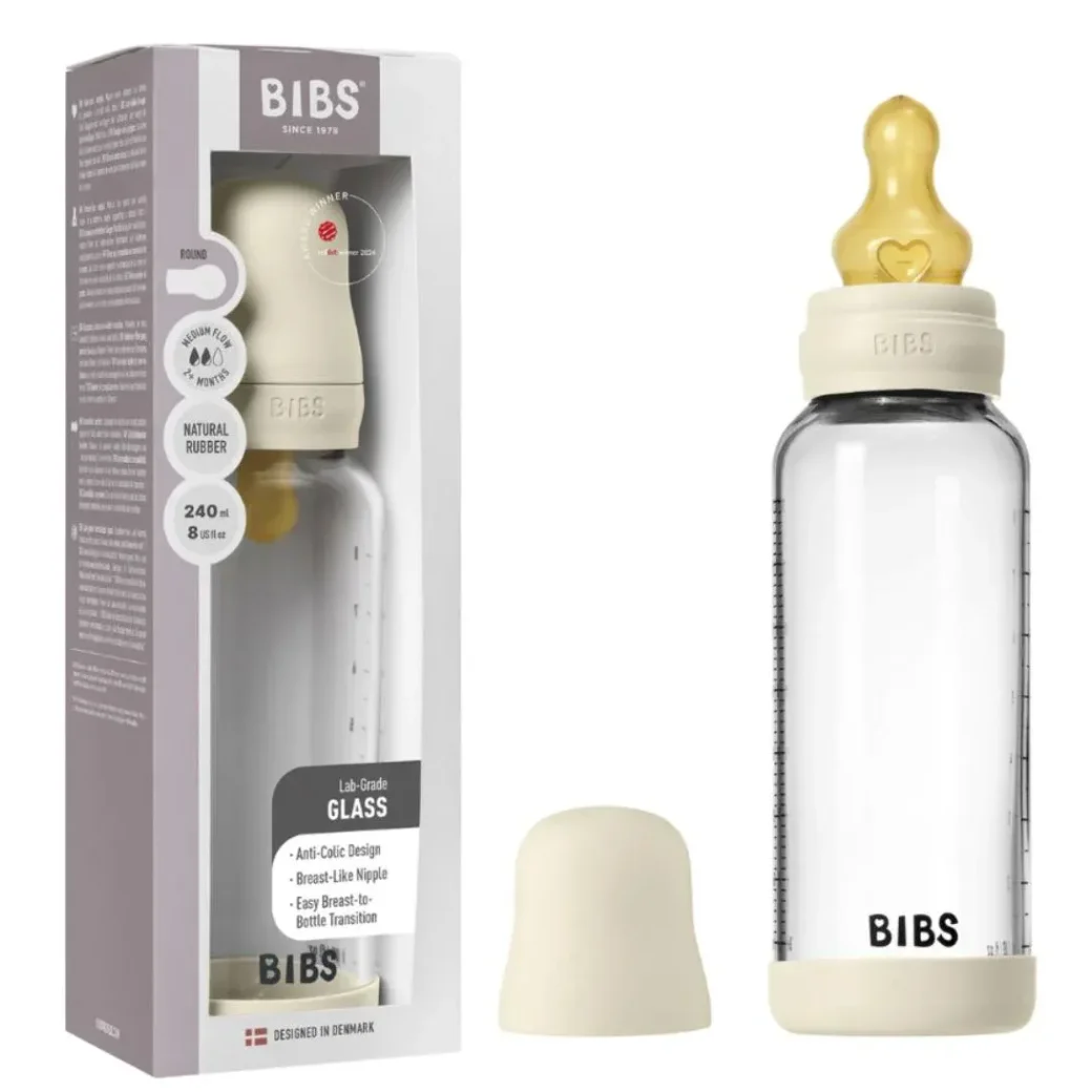 Biberon din sticla anticolici BIBS Ivory cu tetina din latex 3+ luni, 240 ml foto