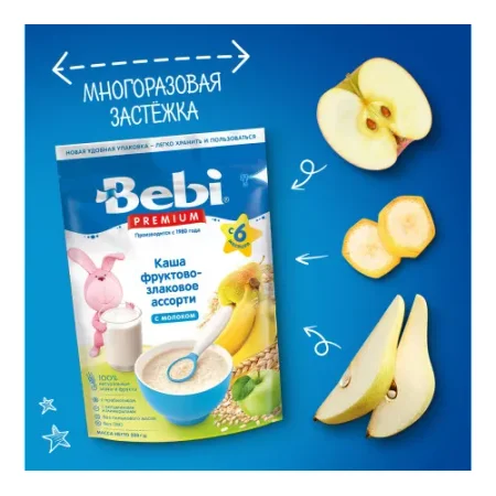 bebi premium terci cu lapte asorti de fructe și cereale (6 m+) 200 gr.