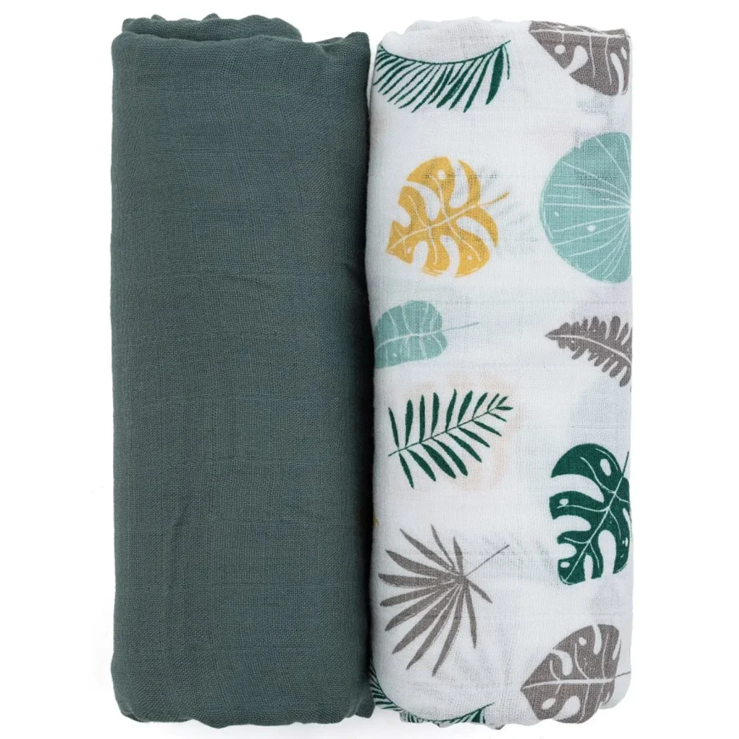 Набор из 2 бамбуковых муслиновых простыней Petite&Mars Misty Green Leaves, 120x120 см foto